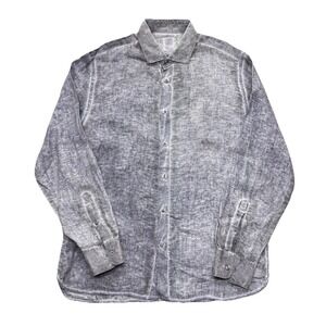 120% Lino Shirt Mens Large Grey Blue Linen Long Sleeve Button Down Slim Fit